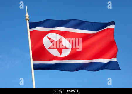 The flag of North Korea was adopted on 8 September 1948, as the national flag and ensign of this isolationist Stalinist state. Stock Photo