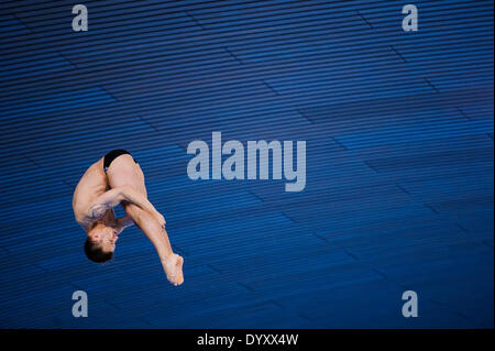 London, UK. 27th Apr, 2014. Sascha Klein of Germany (GER) dives in the Mens 10m Platform Semifinals during day three of the FINA/NVC Diving World Series 2014 at the London Aquatics Centre. Credit:  Action Plus Sports/Alamy Live News Stock Photo