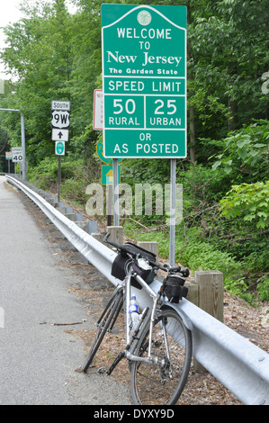 Road bike at the New York, New Jersey state line on route 9W. Stock Photo
