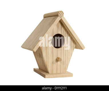 Little wooden birdhouse isolated with clipping path. Stock Photo