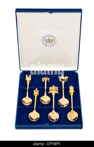 Set of 22ct Gold plated spoons commemorating the 2002 Golden Jubilee of Queen Elizabeth II Stock Photo