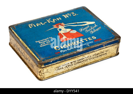 Antique Art Nouveau (c. 1900) Mal-Kah cigarette tin, 'Patronised by Royalty and the Nobility', holding 100 Mal-Kah cigarettes Stock Photo