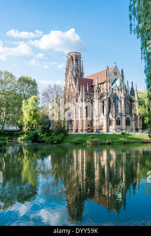 Saint Johns protestant church over the Fire lake in Stuttgart, Germany Stock Photo