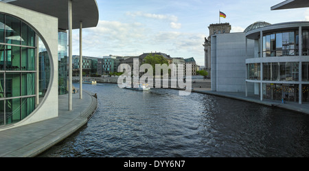 Panoramic view from the footbridge over the river Spree between Paul-Löbe-Haus and Marie-Elisabeth-Lüders-Haus. Stock Photo