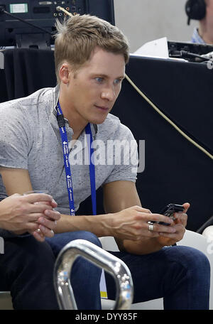 London, UK. 27th Apr, 2014. Dustin Lance Black looks on from the stands during Men's 10M Platform of FINA/NVC Diving World Series 2014 at the London Aquatics Centre in London, Britain April 27, 2014. Credit:  Xinhua/Alamy Live News Stock Photo