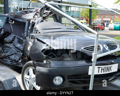 Police showing result of a crashed car in fatal drink driving accident, Sandbach Cheshire UK Stock Photo