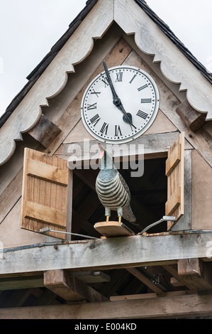 Westonbury Mill Water Gardens, Pembridge, Herefordshire. The giant cuckoo clock is powered by water Stock Photo