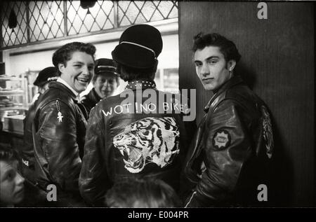 Biker at the Ace Cafe at the North Circular Road in London, 1964 Stock Photo