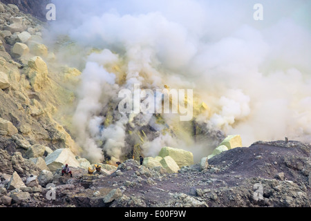 Sulfur mine in the crater, Kawah Ijen, Banyuwangi Regency, East Java, Indonesia Stock Photo