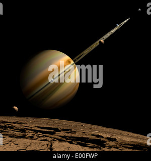 An artist's depiction of a ringed gas giant planet with six moons. Stock Photo