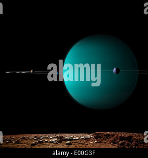 Artist's depiction of a ringed gas giant planet surrounded by it's moons. Stock Photo