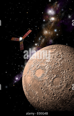 An artist's depiction of a probe investigating a heavily cratered moon in deep space. Stock Photo