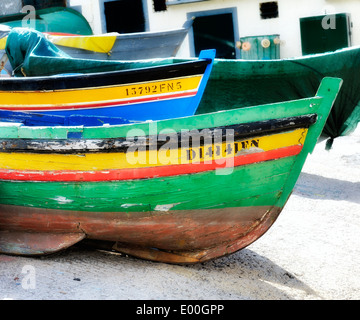 Madeira Portugal Colorful fishing boats on dry land in Camara De Lobos Stock Photo