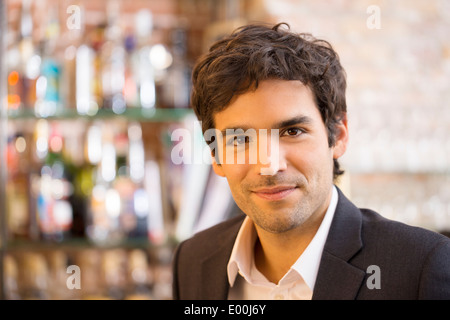 Male cheerful looking camera coffee bar Stock Photo