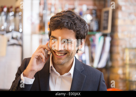 Male cheerful mobile phone smiling restaurant Stock Photo