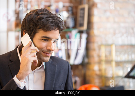 Male cheerful mobile phone smiling restaurant Stock Photo