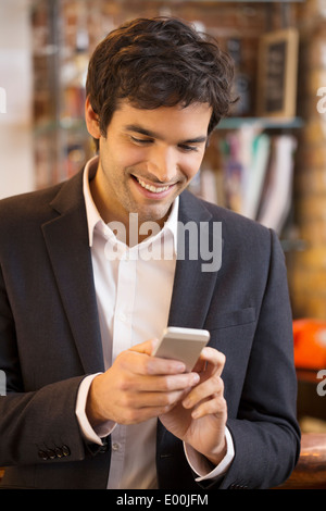 Male cheerful mobile phone smiling restaurant Stock Photo