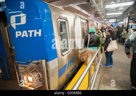 PATH trains at their 33rd Street terminal in midtown in New York Stock Photo