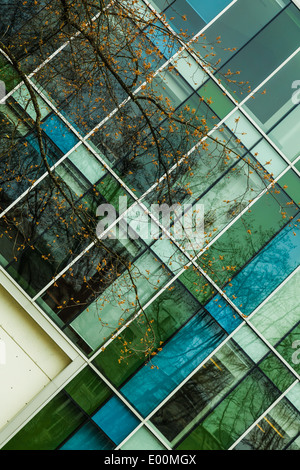 Abstract image of a glass-panelled building on the campus of the University of British Columbia, Vancouver, Canada Stock Photo