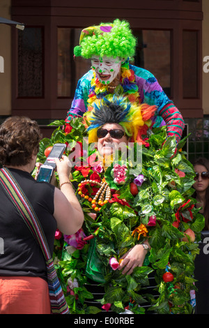 Sydney Australia,Haymarket,Chinatown,Dixon Street,Asian man men male,artist,performer,woman female women,posing,clown,busking,tips,AU140308180 Stock Photo