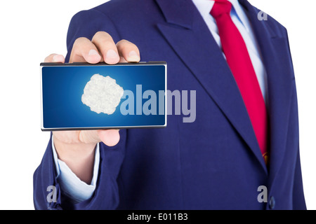 showing smartphone on businessman hand with cloud computing technology on screen isolated on white background Stock Photo