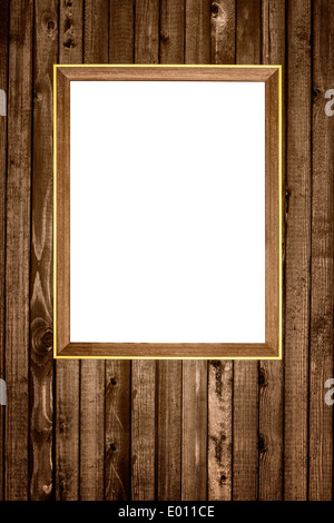 wooden photo frame hanging on wood wall with vignette Stock Photo