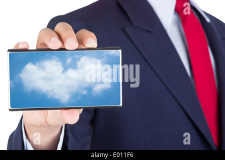 showing smartphone on businessman hand with cloud computing technology on screen isolated on white background Stock Photo