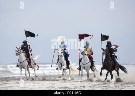 Pure Spanish Horse, Andalusian. Stunt-men dressed as knights galloping on a beach. Romania Stock Photo