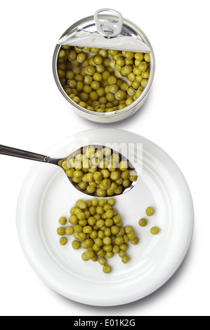 Green peas canned in plate and open tin can on white Stock Photo