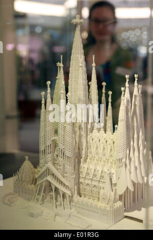 Beijing, China. 29th Apr, 2014. A model of the Sagrada Familia designed by Spanish architect Antonio Gaudi is exhibited at Times Square, Hong Kong, south China, April 29, 2014. The Gaudi Architecture Exhibition held its opening ceremony here on Tuesday, which will last till June 1. © Jin Yi/Xinhua/Alamy Live News Stock Photo