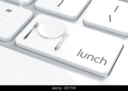 3d render of plate, fork and knife icon on the keyboard. Lunch concept Stock Photo