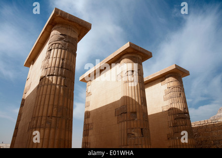 Saqqara,pyramid of king Djoser (III° dyn.) The complex of burial of the Pharaoh: the columns of the main entrance. Stock Photo