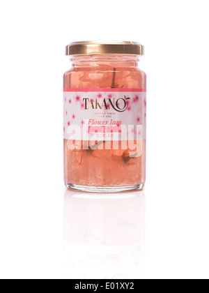 Jar of cherry blossom jam, Takano flower jam isolated on white background. Stock Photo