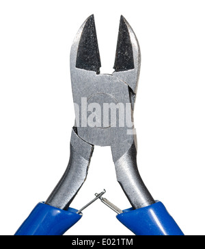 Closeup of a pair of electrical wire cutters on a white background. Stock Photo