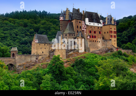 Burg Eltz Castle, located between Koblenz and Trier, Germany, is situated on a rock in the middle of the valley of the Moselle R Stock Photo