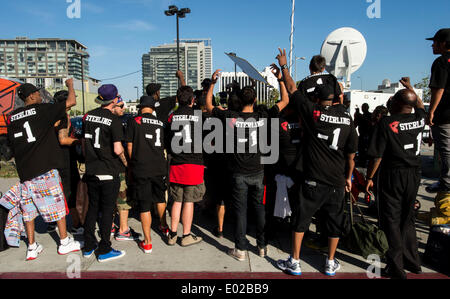 Los Angeles, California, USA. 29th Apr, 2014. A coalition of activists, civil rights groups and Angelenos of all races and ethnicities gather for the ''Los Angeles is Better than Donald Sterling Anti-Racism Rally'' outside Staples Center to protest the blatantly racist comments made by Los Angeles Clippers owner, Donald Sterling. Earlier in the day, National Basketball Association Commisioner Adam Silver announced at a news conference that he had banned Sterling for life from the NBA. Credit:  ZUMA Press, Inc./Alamy Live News Stock Photo