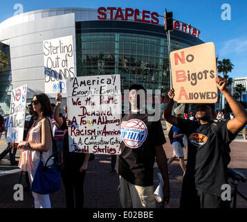 Los Angeles, California, USA. 29th Apr, 2014. A coalition of activists, civil rights groups and Angelenos of all races and ethnicities gather for the ''Los Angeles is Better than Donald Sterling Anti-Racism Rally'' outside Staples Center to protest the blatantly racist comments made by Los Angeles Clippers owner, Donald Sterling. Earlier in the day, National Basketball Association Commisioner Adam Silver announced at a news conference that he had banned Sterling for life from the NBA. Credit:  ZUMA Press, Inc./Alamy Live News Stock Photo