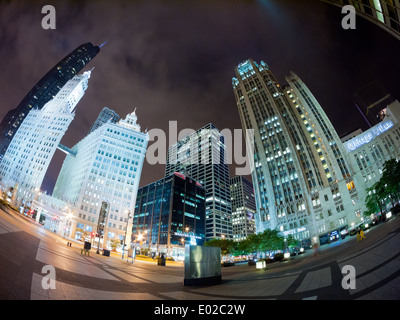 A fisheye view of the Trump International Hotel and Tower Chicago, Wrigley Building and Tribune Tower at night. Chicago. Stock Photo