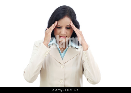 Stressed young business woman against white Stock Photo