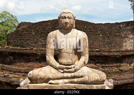 Seated Buddha statue made of stone in a meditation posture, Dhyana Mudra, Vatadage, Quadrangle, Polonnaruwa Stock Photo