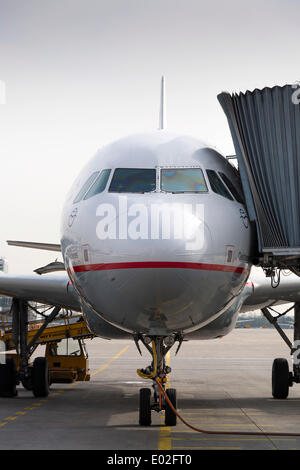 Aegean Airlines Airbus 'Cleisthenes', A320-232, at the terminal at Munich Airport, Munich, Upper Bavaria, Bavaria, Germany Stock Photo