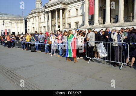 London, UK. 30th Apr, 2014. Postal voting is not allowed in South African elections so  people queue for the chance to vote at the Embassy. 9863 people are registered to vote in London Credit:  Rachel Megawhat/Alamy Live News