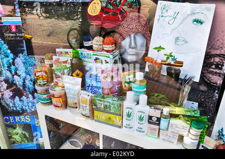 A variety of hemp products in a shop window display, Amsterdam, Netherlands Stock Photo