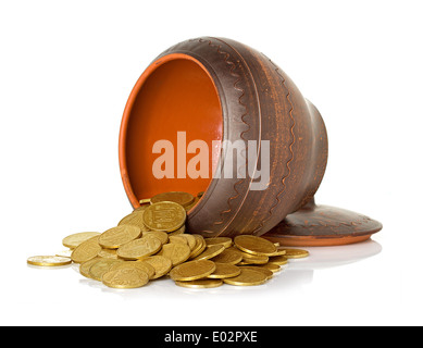ceramic pot full of coins close-up isolated on white background Stock Photo