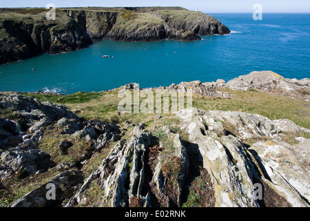 Opening of Porthgain harbour to the sea, Pembrokeshire, West Wales Stock Photo