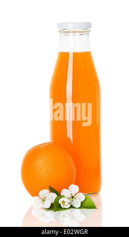 orange juice in a bottle and orange isolated Stock Photo