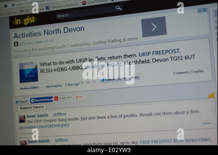 UK. 30th April 2014. Post on a local website encouraging people to return UKIP leaflets to themselves Credit:  David Colbran/Alamy Live News