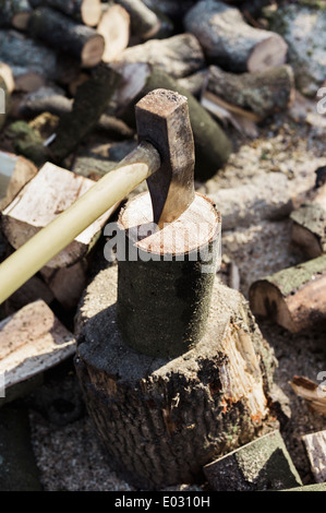 A woodpile a stack of logs and an axe wedged in a log. Stock Photo