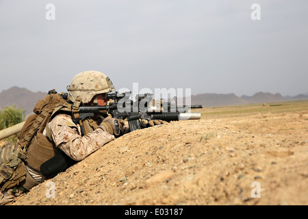 US Marine Sergeant Sloan Seiler holds position along a berm as his squad crosses a field outside a village during a clearing operation mission April 25, 2014 in Larr Village, Helmand province, Afghanistan. Stock Photo