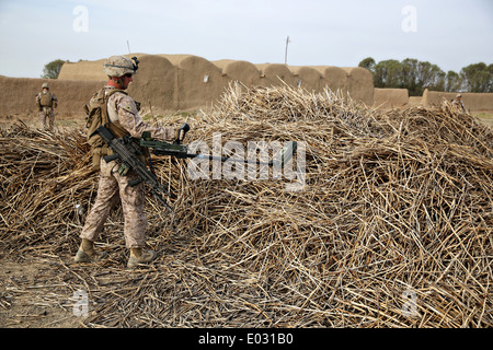 US Marine Lance Cpl. Jonathan Griffiths uses a bomb detector to check for IED's during a clearing operation mission April 25, 2014 in Larr Village, Helmand province, Afghanistan. Stock Photo
